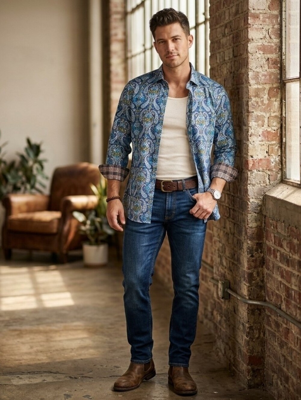 Coofandy Men's Blue Paisley Long Sleeve Button Down Shirt Size XL